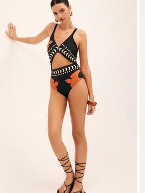 Black & Orange Bird Print Cutout One-Piece Swimsuit